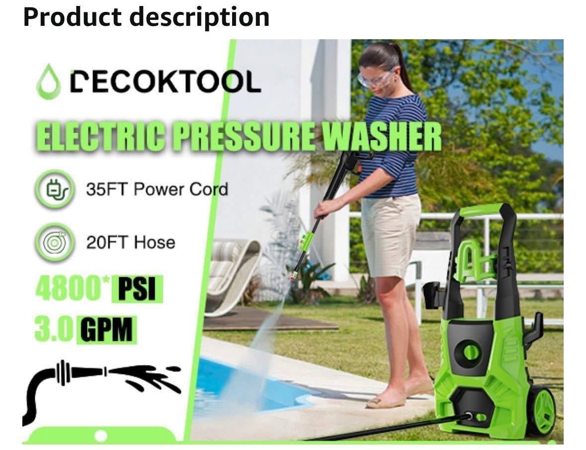 Decoktool 120V Electric
Pressure Washer 4800PSI
3.0GPM Power Washer 4
Nozzles & Foam Cannon-NEW!