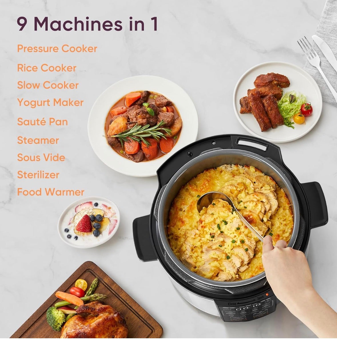 COSORI Pressure Cooker 6QT, Stainless Steel, 9-in-1 Multi Cooker, 12 Safety Features, Ceramic Inner Pot, Rice, Slow Cook, Sous Vide, Saute, 1100W
