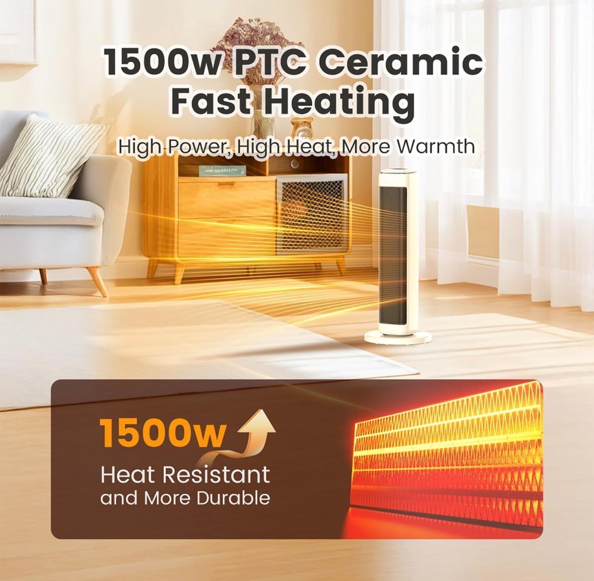 AIRMATE 1500W PTC Ceramic Tower Heater Remote Oscillating 24hr Timer Beige-NEW!!