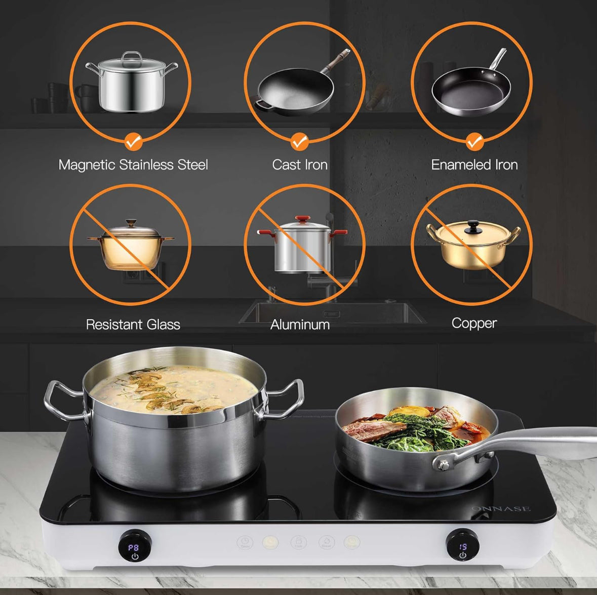 Two Burner Induction Cooktop 1800W 120V, w/8 Temp-Power Levels, Kid Lock & Timer