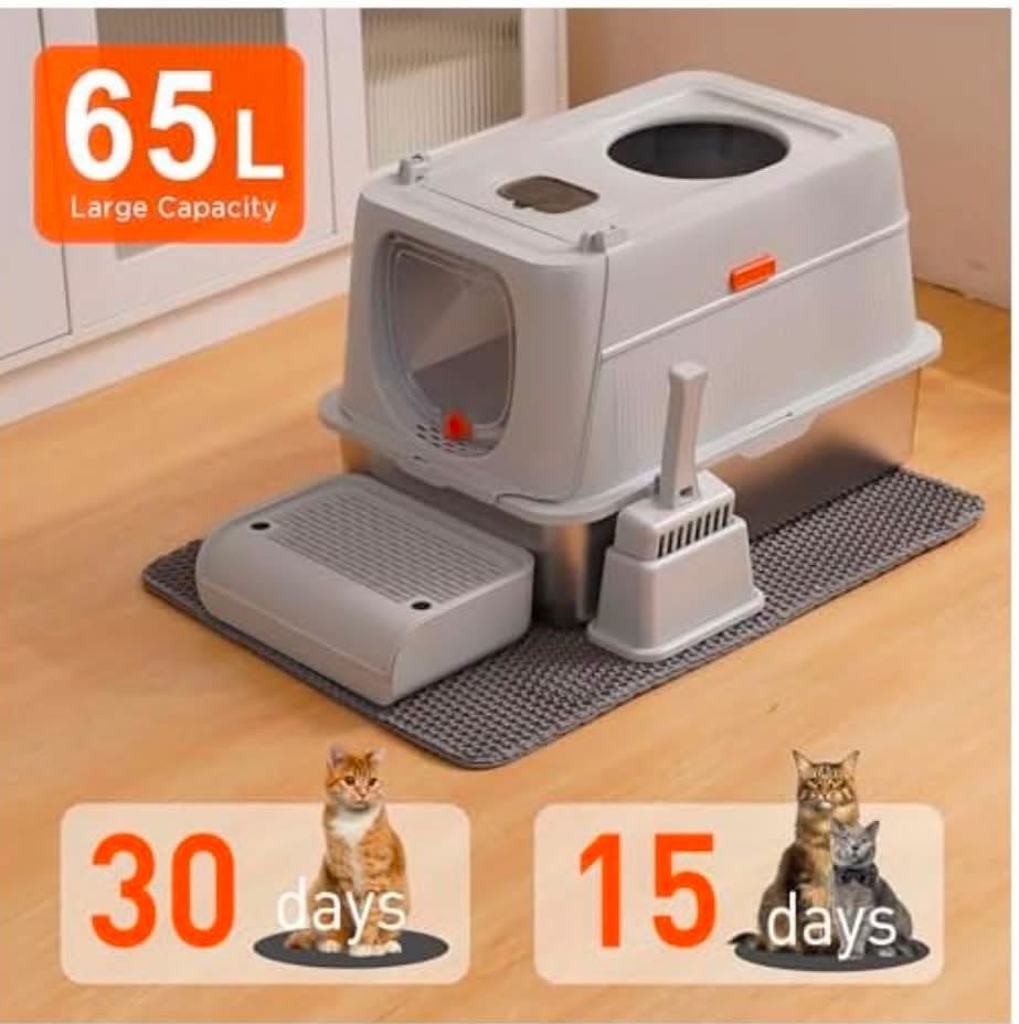 Stainless Steel XXL Cat Litter Box with Lid, Front & Top Entry w/Scoop & Double Layer Mat-Brand New