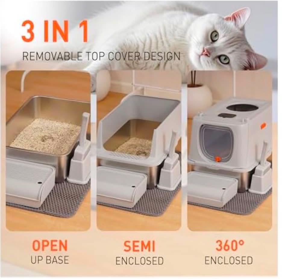 Stainless Steel XXL Cat Litter Box with Lid, Front & Top Entry w/Scoop & Double Layer Mat-Brand New