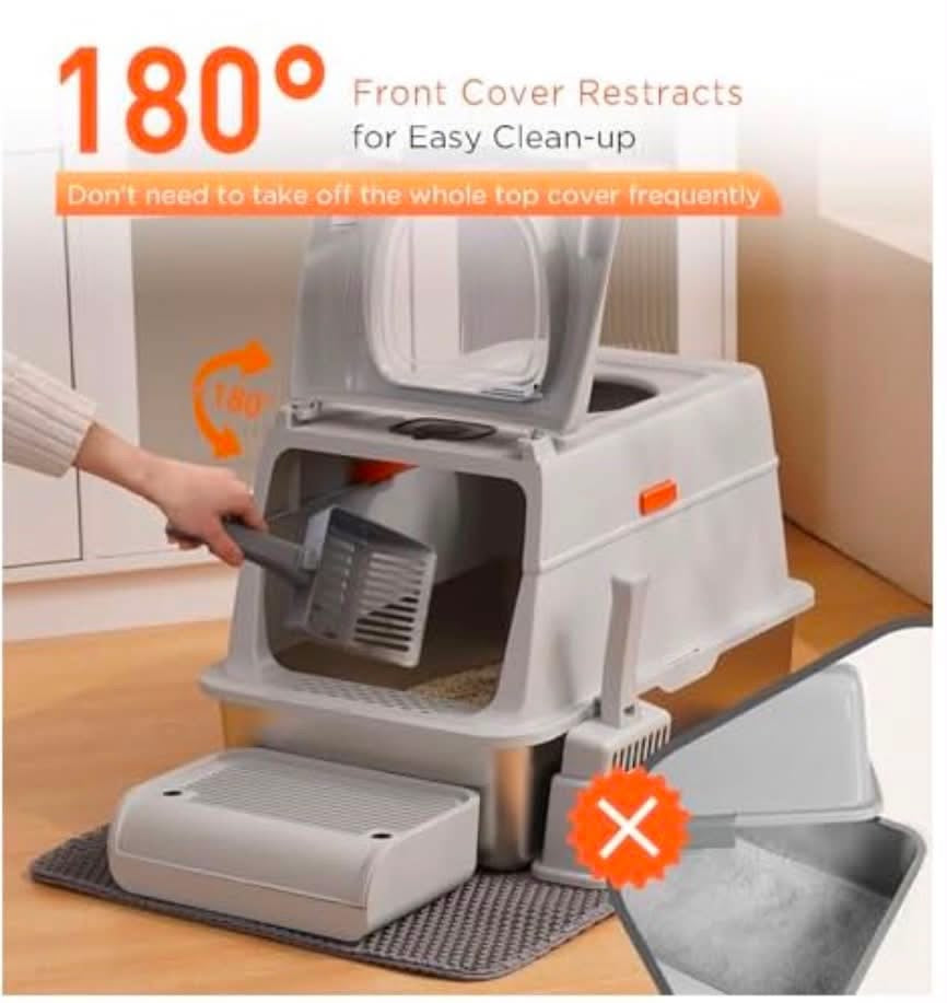 Stainless Steel XXL Cat Litter Box with Lid, Front & Top Entry w/Scoop & Double Layer Mat-Brand New