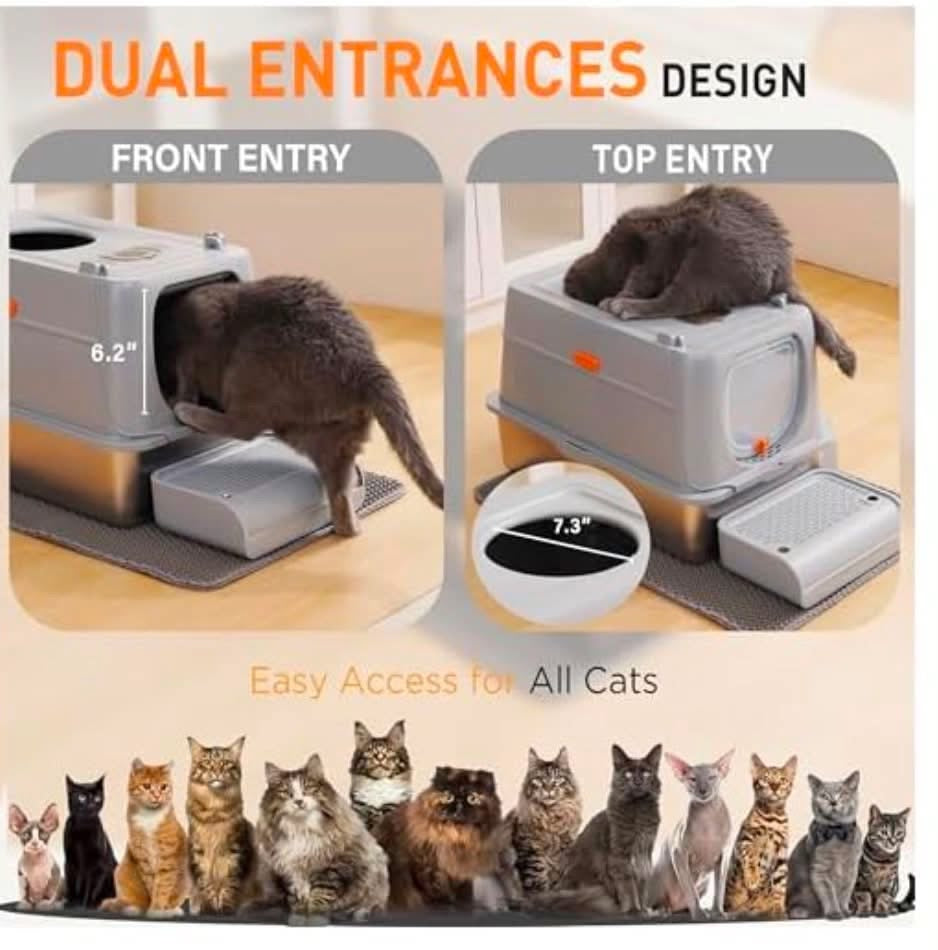 Stainless Steel XXL Cat Litter Box with Lid, Front & Top Entry w/Scoop & Double Layer Mat-Brand New
