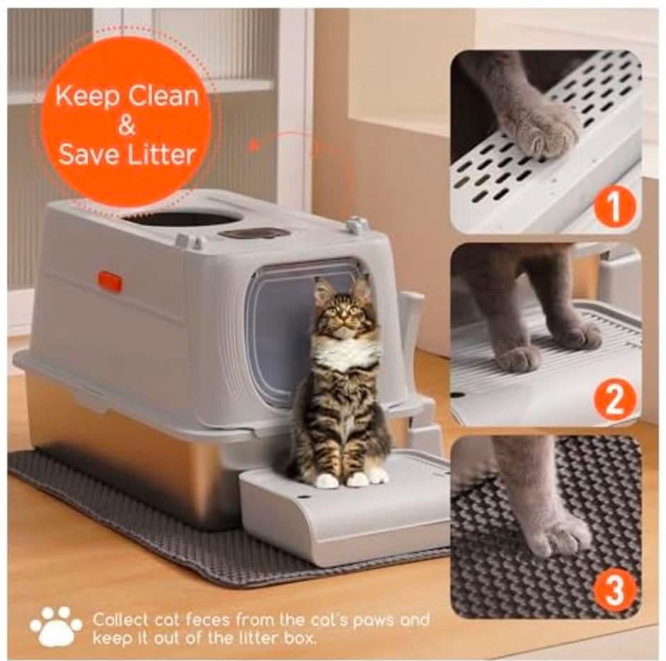 Stainless Steel XXL Cat Litter Box with Lid, Front & Top Entry w/Scoop & Double Layer Mat-Brand New