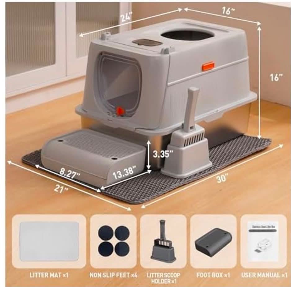 Stainless Steel XXL Cat Litter Box with Lid, Front & Top Entry w/Scoop & Double Layer Mat-Brand New