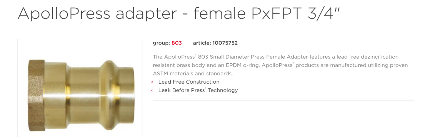 3/4 ApolloXpress female adapter 10075752 (pack of 10)