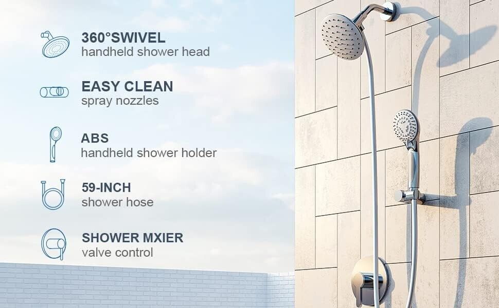 Lavatrum Polished Chrome Shower System, Valve Body6" Shower Head Handheld Shower