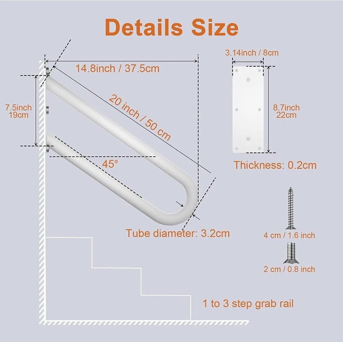 20 in Stainless Steel Handrail for 1-3 Steps 1.25" Tube U Shape Safety Grab Bar
