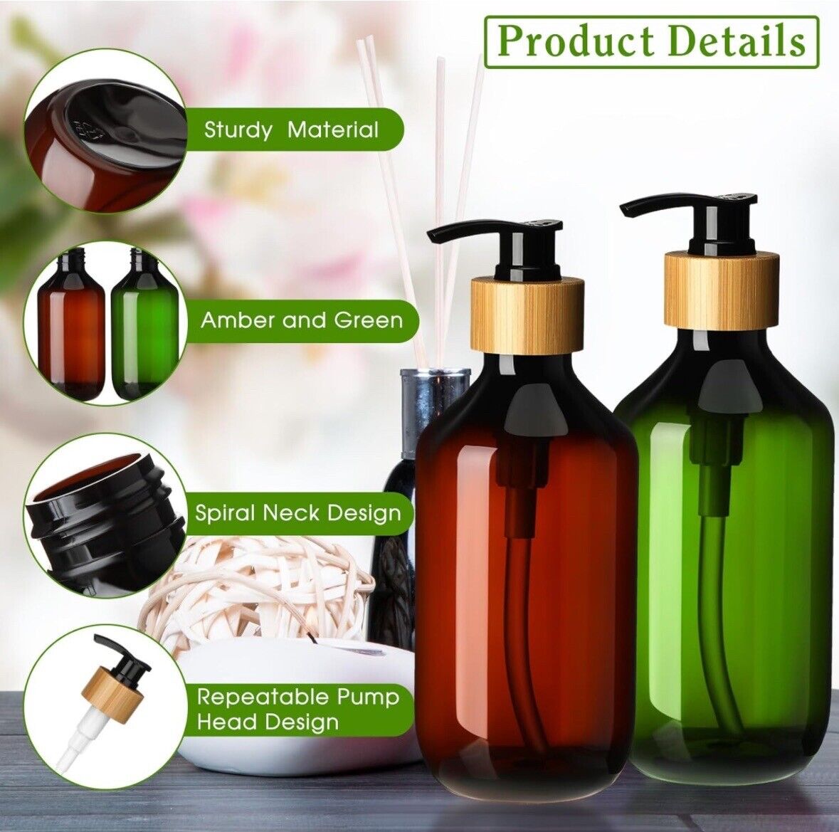 Dandat 6 Pcs Plastic Body Wash Pump Dispenser 16 oz Amber & Olive