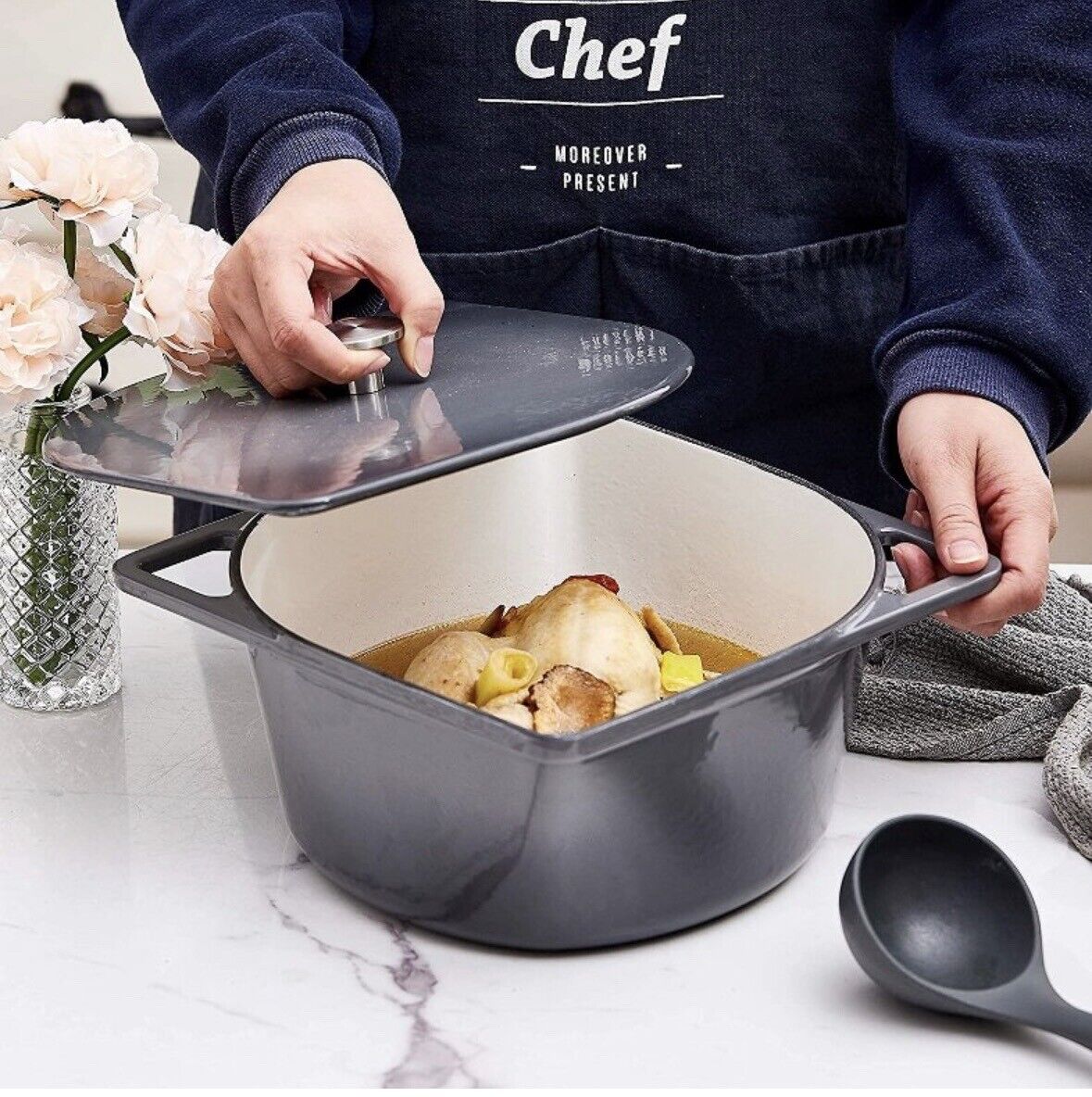 5 Quart Cast Iron Enameled Dutch Oven Modern Squoval Shaped Design, Gray