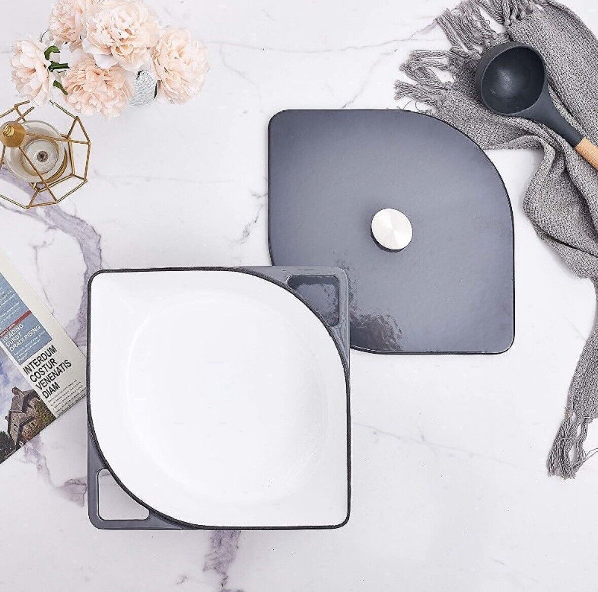 5 Quart Cast Iron Enameled Dutch Oven Modern Squoval Shaped Design, Gray