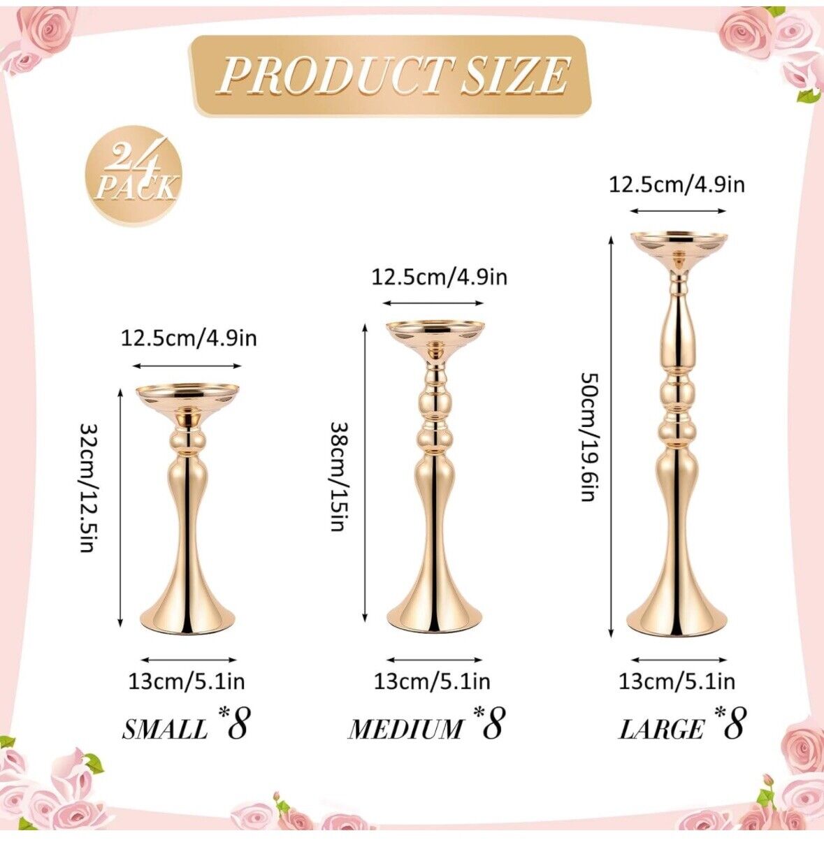 24pc Gold Metal Floral Centerpieces | 3 Sizes | 12, 15, 20”
