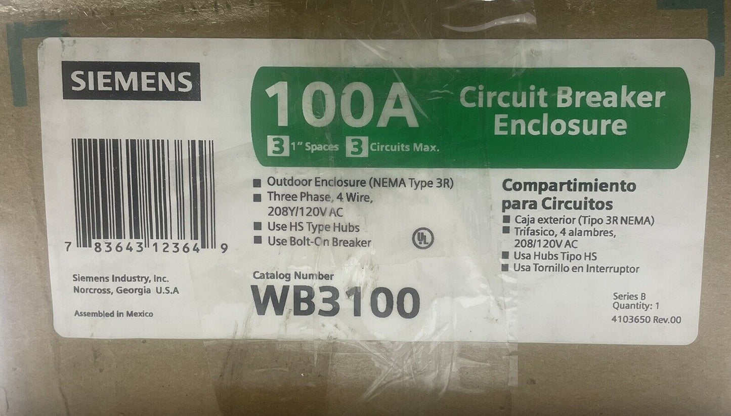 SIEMENS WB3100 100A 3-Phase 4-Wire NEMA 3R Enclosure