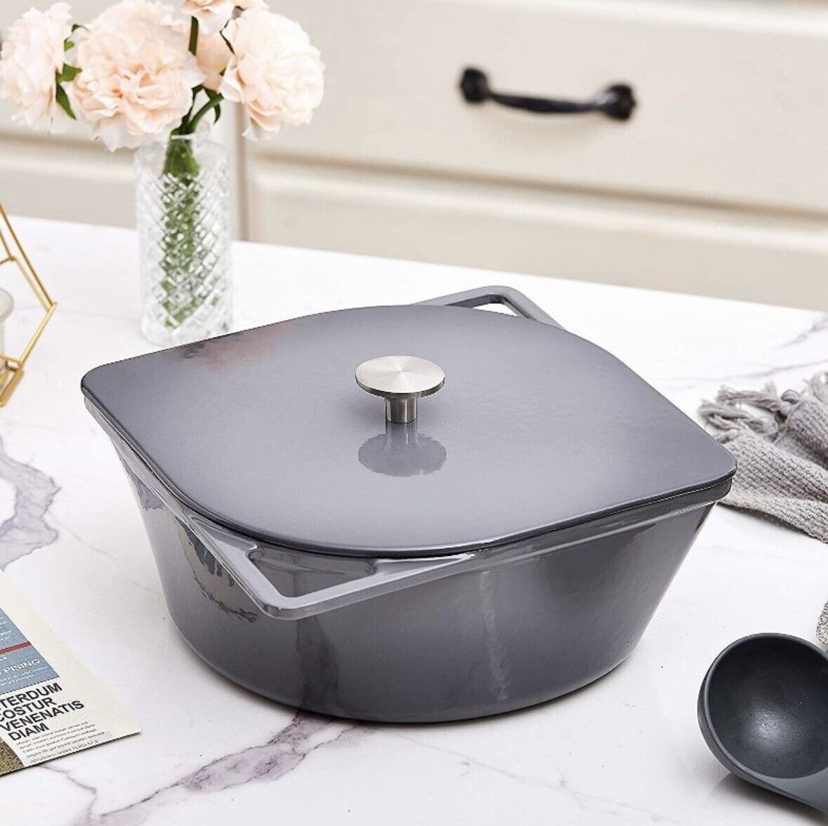 5 Quart Cast Iron Enameled Dutch Oven Modern Squoval Shaped Design, Gray