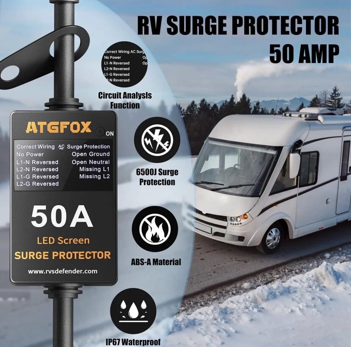 ATGFOX 50 Amp 125V RV Camper Surge Protector Waterproof Cover 3.5" LED Screen