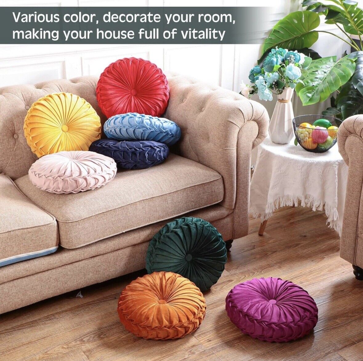 Wesiti 8 Count 14” Round Throw Pillow Velvet Pleated Mixed Colors-As Shown-NEW!