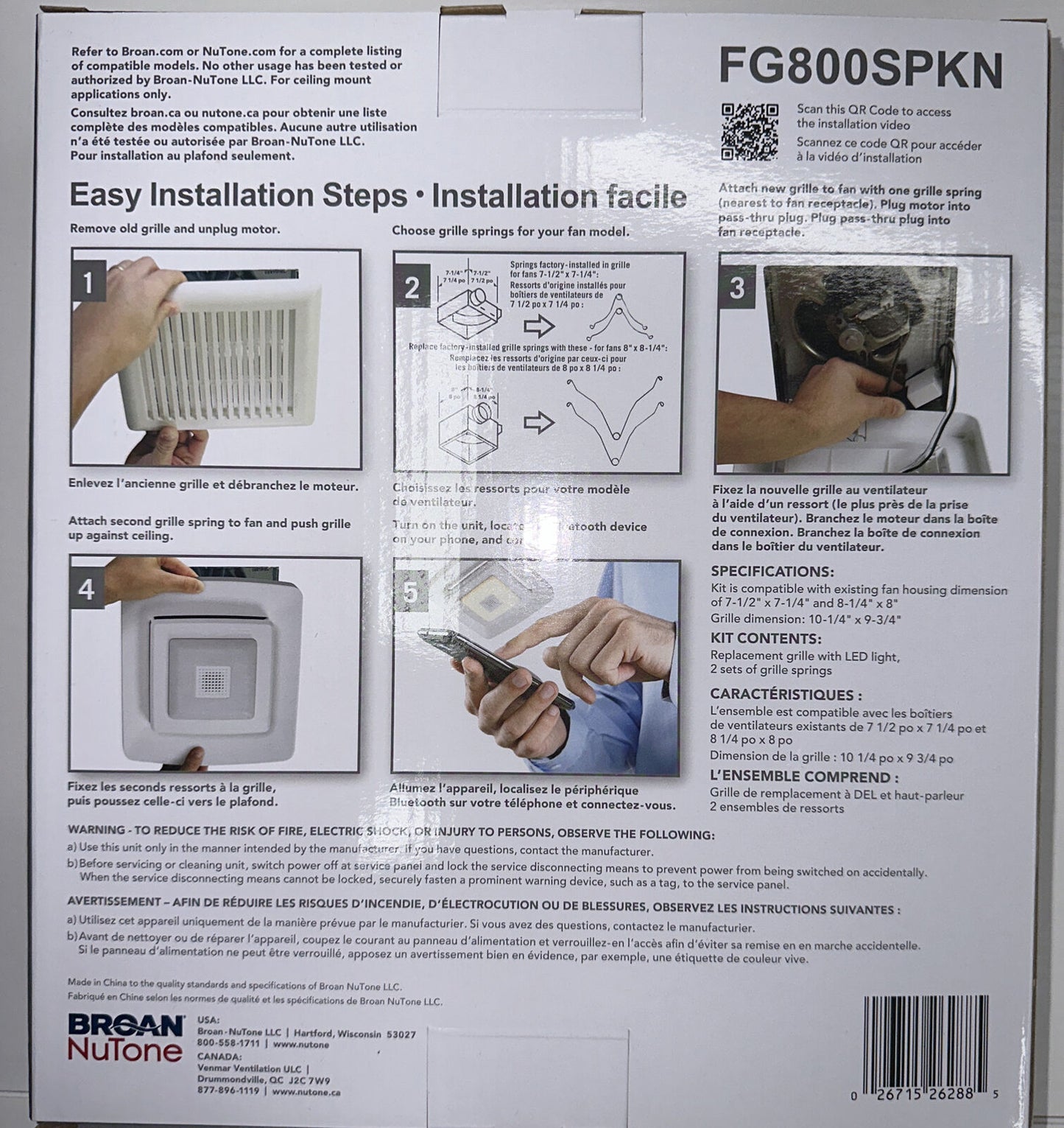 Broan NuTone Exhaust Fan Replaces Regular Grille LED Bluetooth Speaker FG800SPKN