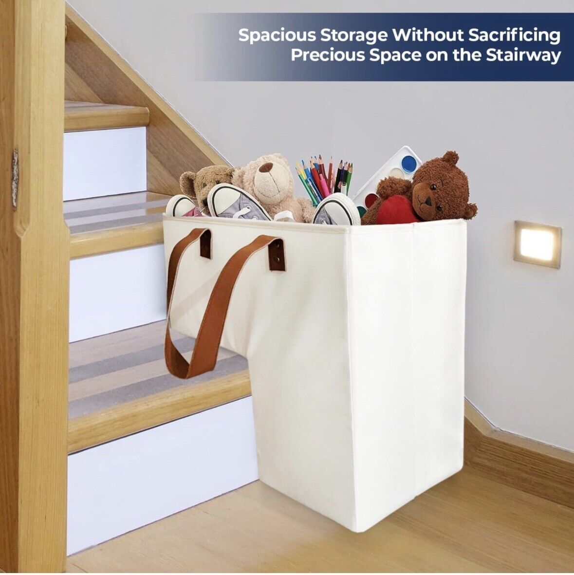 Collapsible Canvass Oxford Stair Basket With Leather Handles, Light Beige-NEW!!