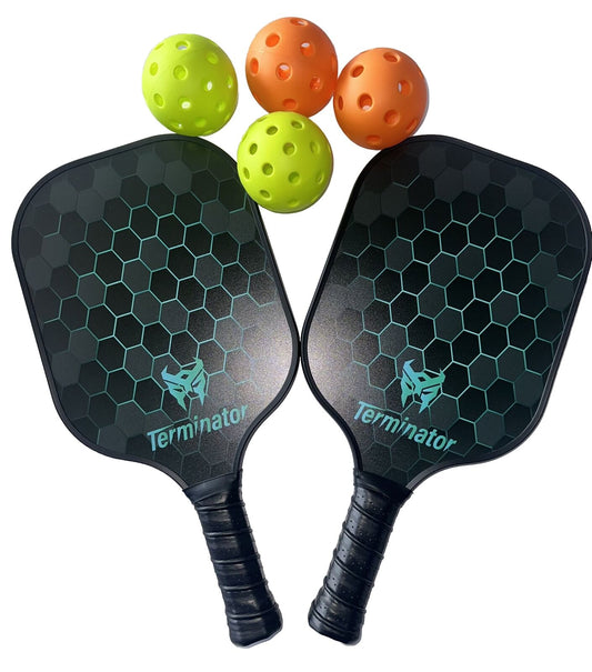 Set Of (2) Terminator Carbon Fiber Pickleball Rackets W/4 Balls & Zipper Bag