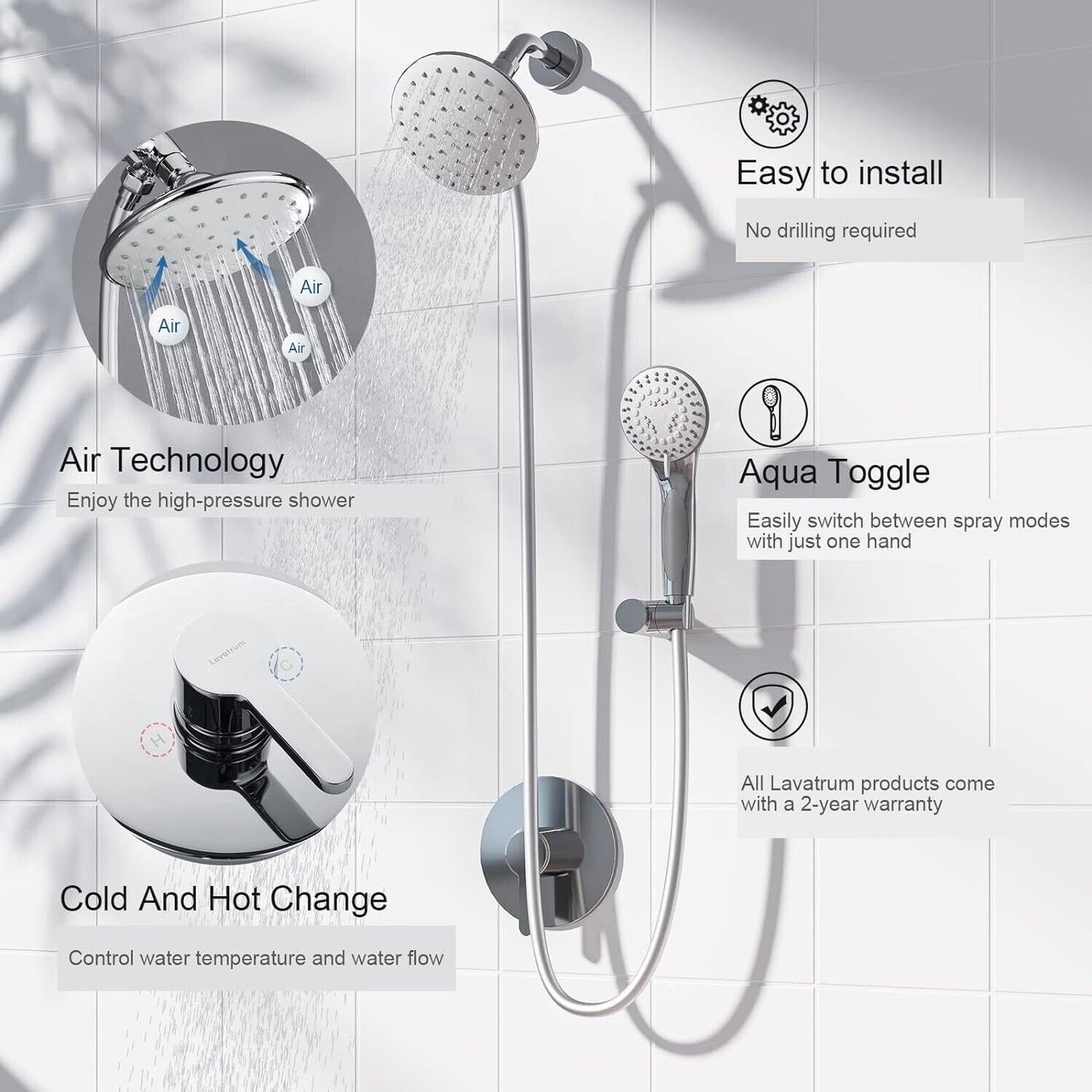 Lavatrum Polished Chrome Shower System, Valve Body6" Shower Head Handheld Shower