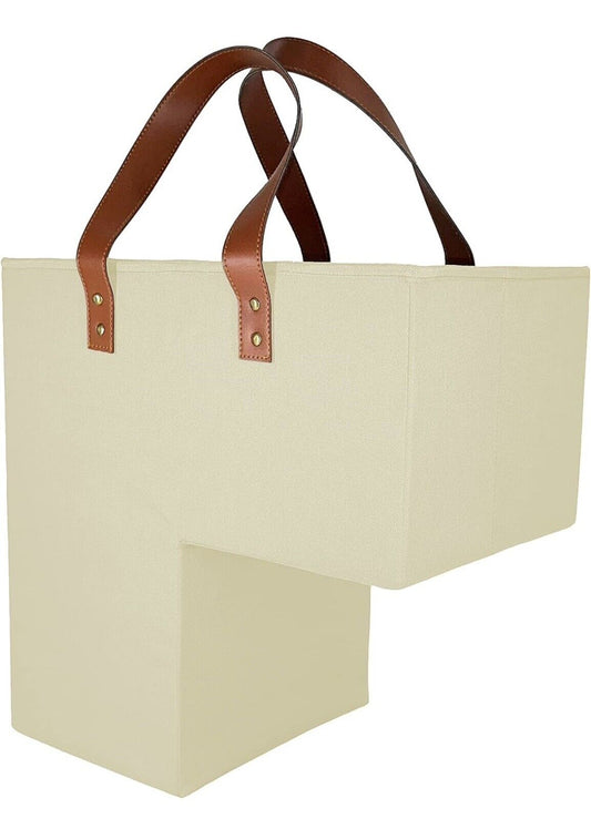 Collapsible Canvass Oxford Stair Basket With Leather Handles, Light Beige-NEW!!