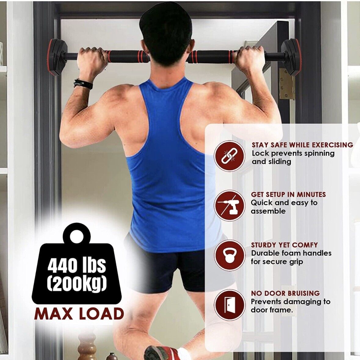 Doorway Pull Up Bar, Chin Up Bar 440 Lb Rated