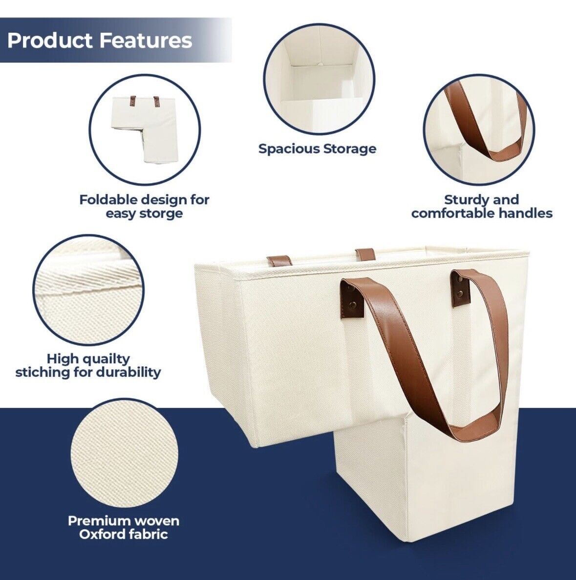 Collapsible Canvass Oxford Stair Basket With Leather Handles, Light Beige-NEW!!