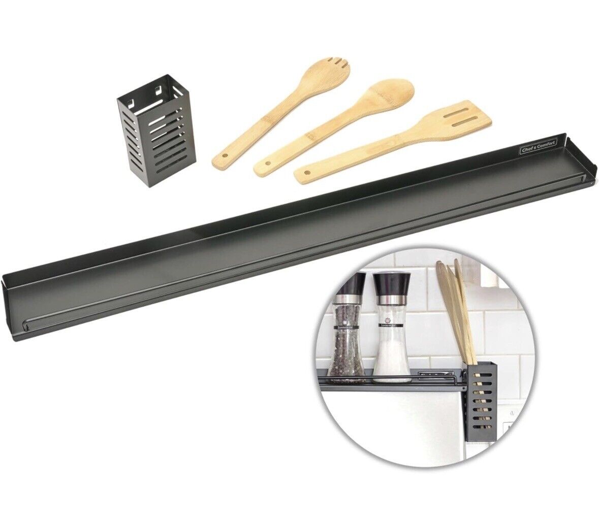 Magnetic Stove Spice Rack Organizer 30” Shelf For Stove With 3 Wood Utensils