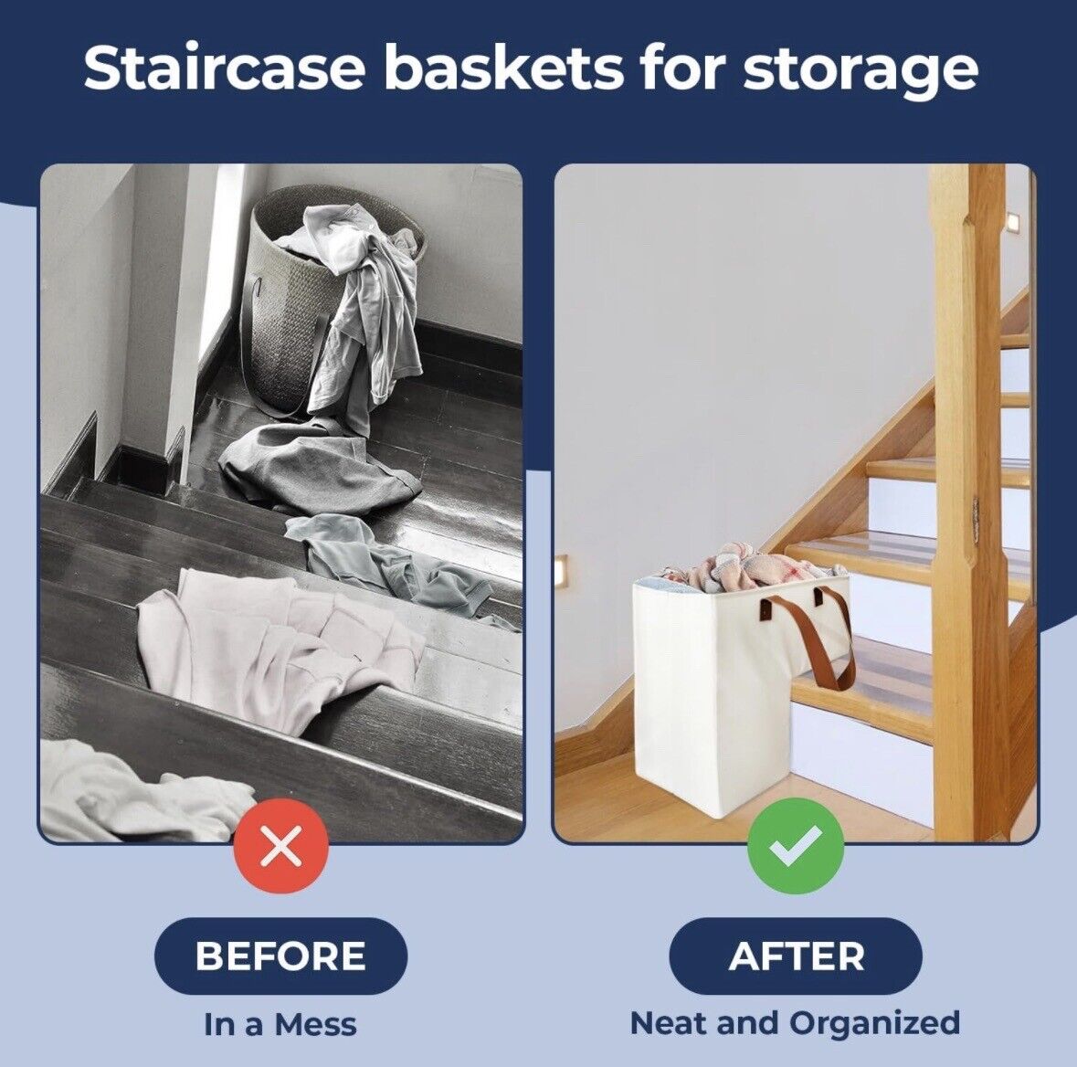Collapsible Canvass Oxford Stair Basket With Leather Handles, Light Beige-NEW!!