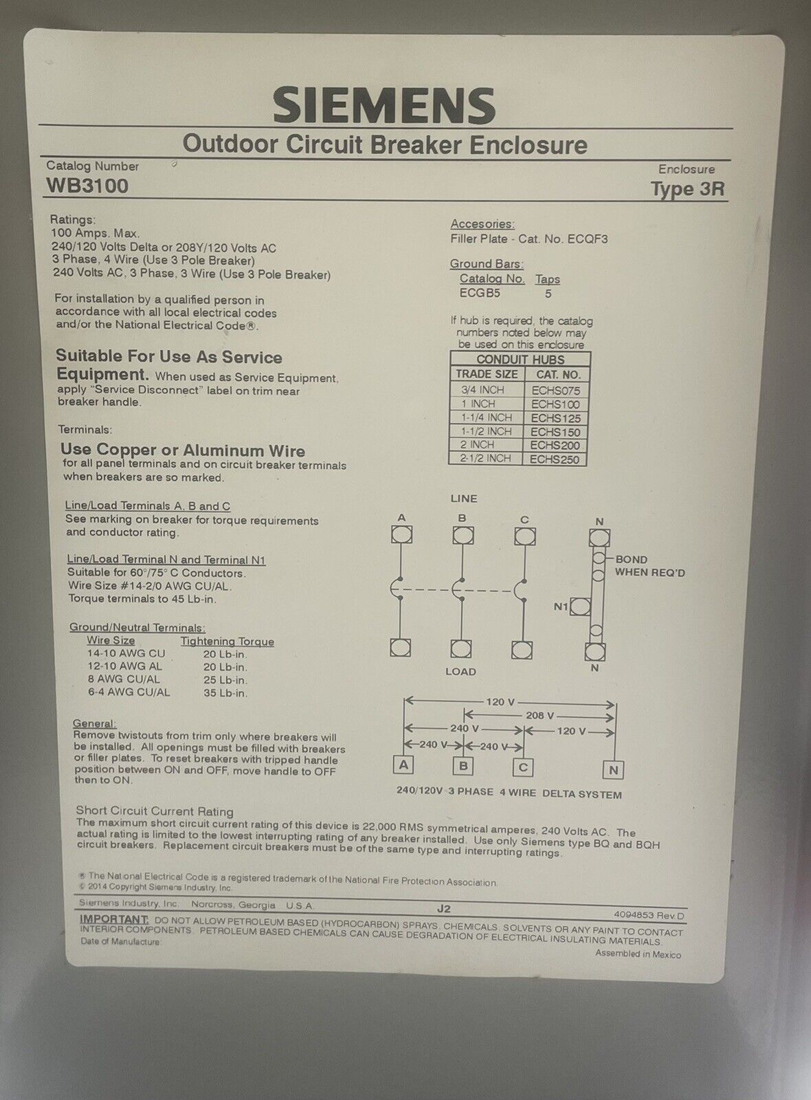 SIEMENS WB3100 100A 3-Phase 4-Wire NEMA 3R Enclosure