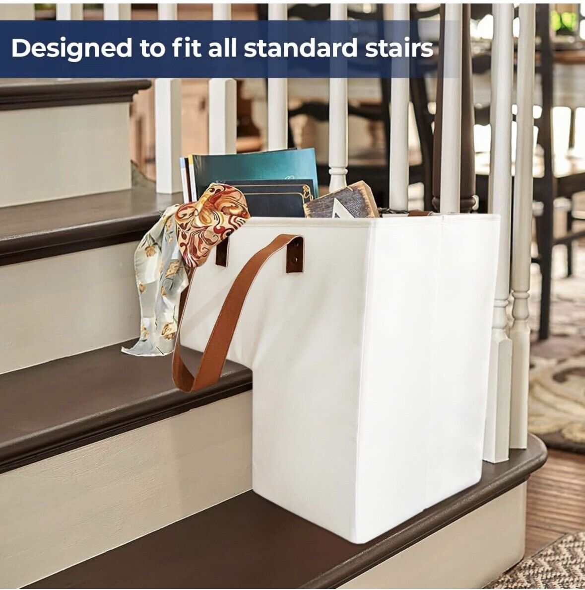 Collapsible Canvass Oxford Stair Basket With Leather Handles, Light Beige-NEW!!